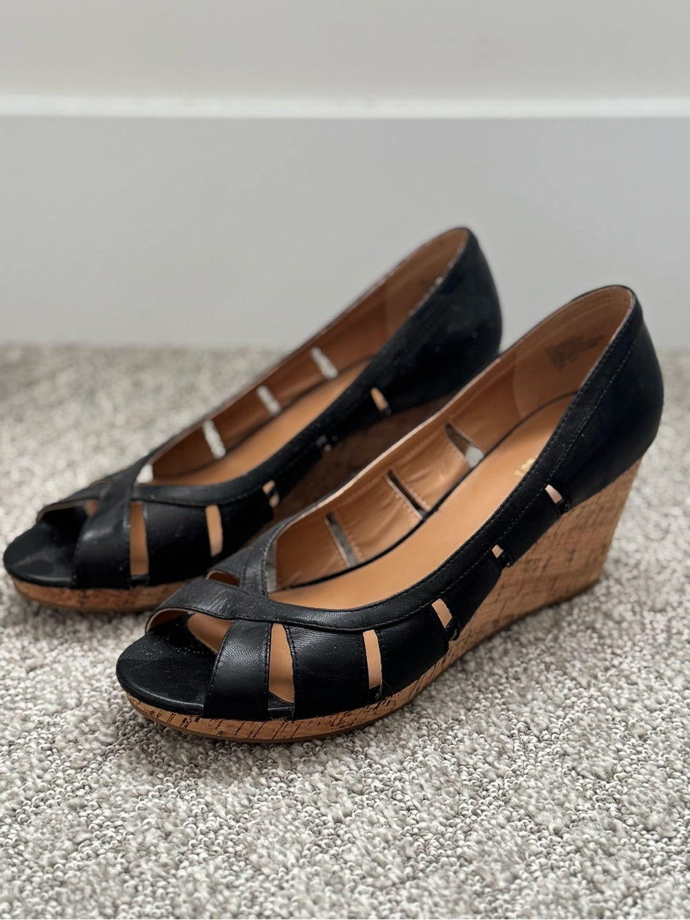 NEW Nine West Black Peep-Toe Cork Wedge Sandals